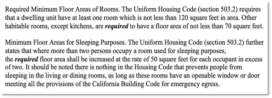 Required minimum floor areas of rooms