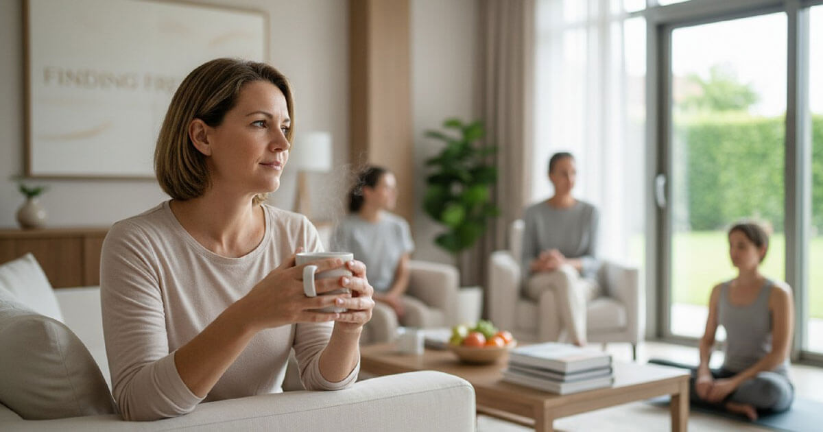 A woman sitting in a calm group therapy setting holding a cup, with others in the background, reflecting a peaceful and supportive recovery environment.